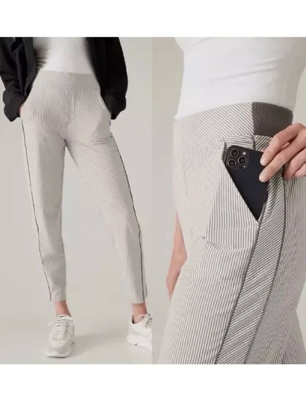 Athleta Brooklyn Striped Textured Ankle Pants - White/Grey -
